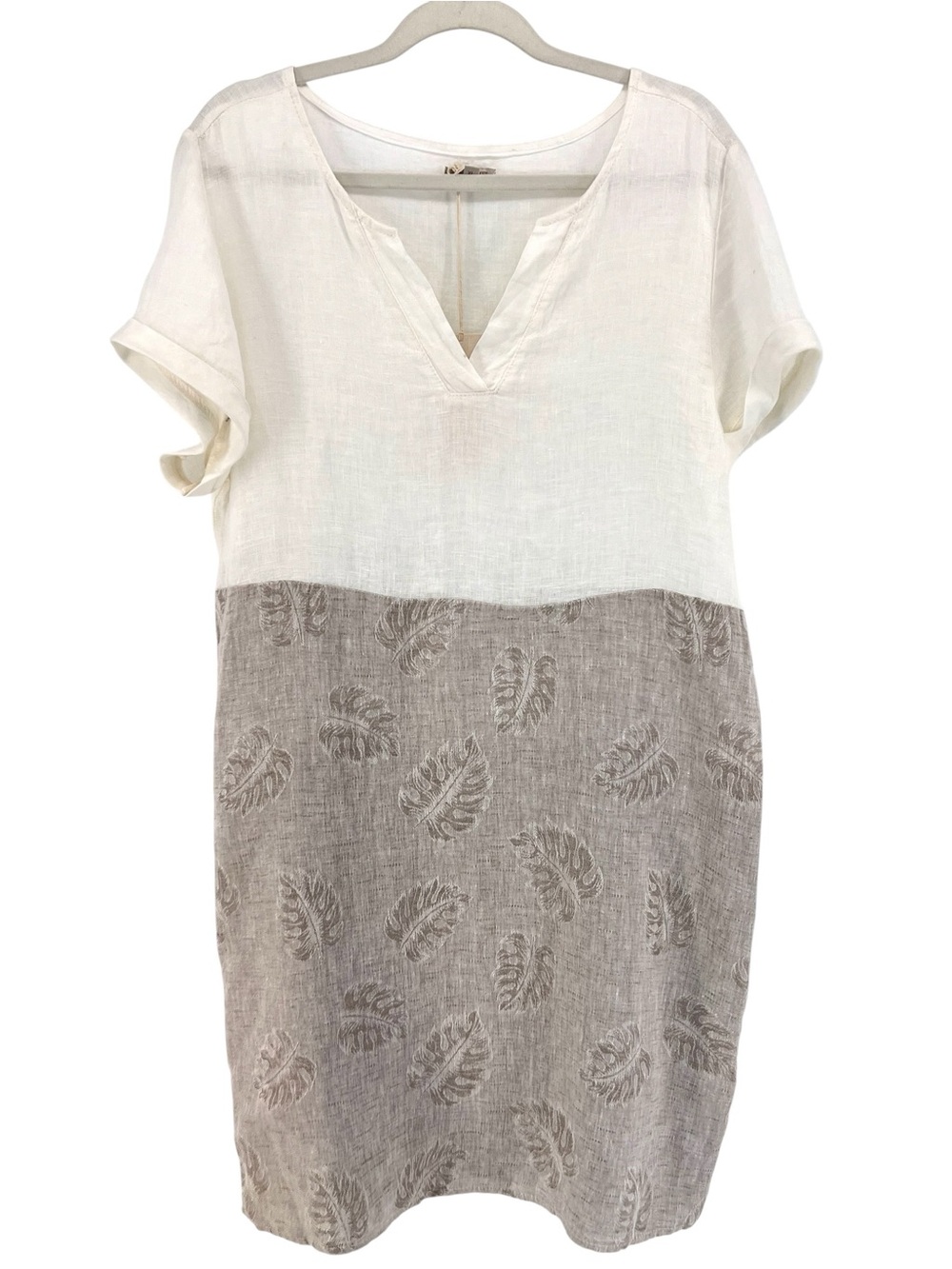 Lina Tomei Linen Dress Sz XL NWT Ivory Beige Leaf Print Shirt Sleeve Coastal